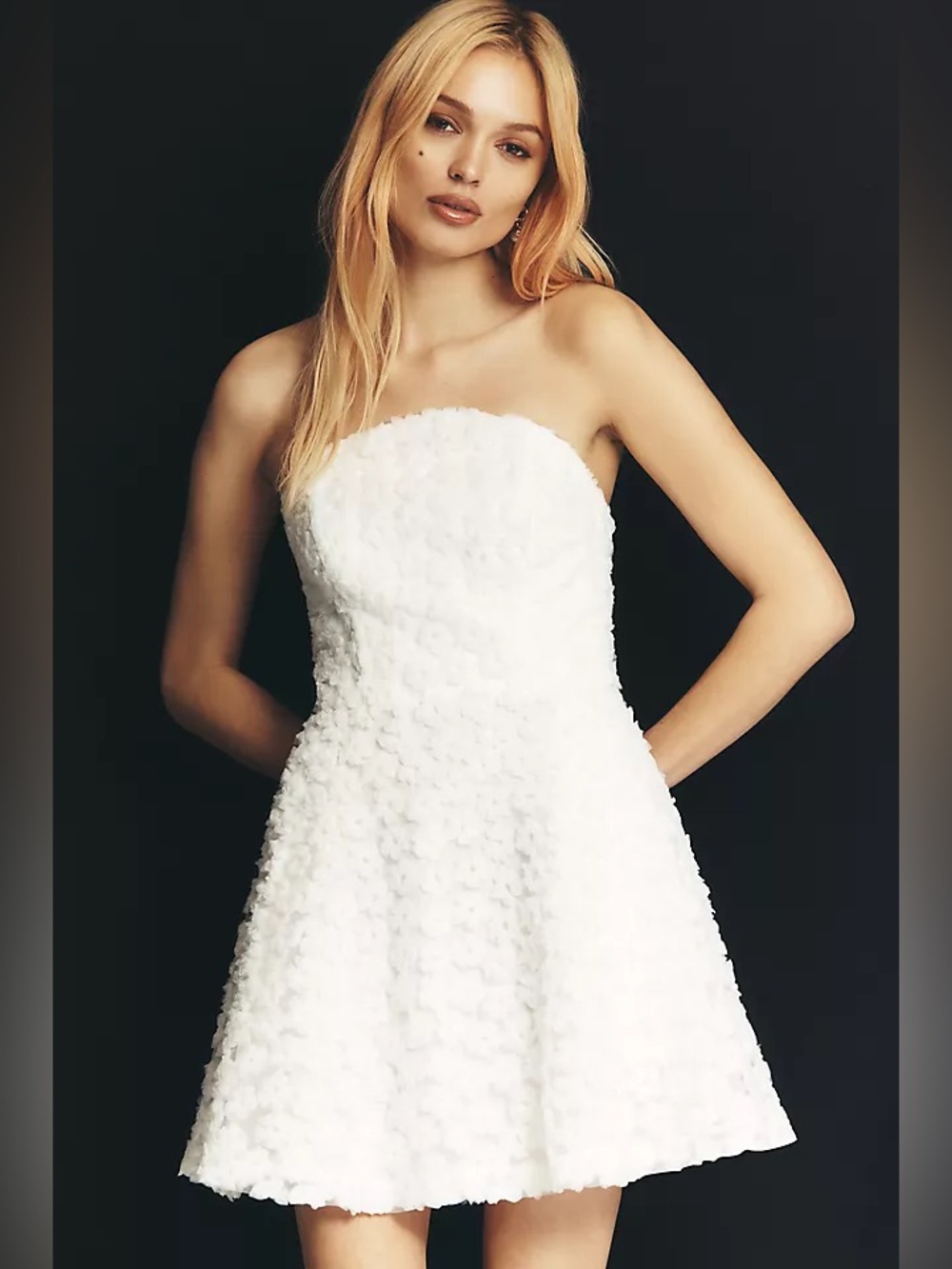 Strapless White Textured A-Line Dress